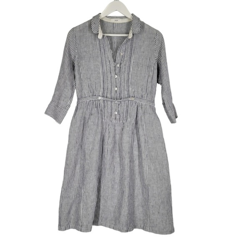 NIMES 100% Linen Shirt Dress Sz Medium Blue‎ White Stripe Nautical Cottage